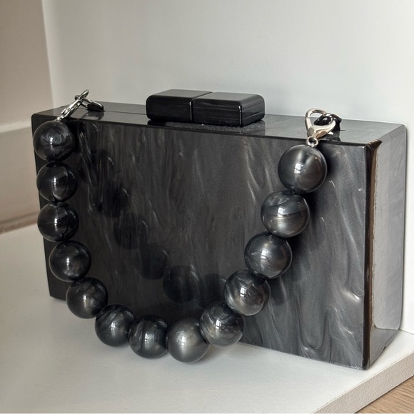 Small Marble Black Pearl Acrylic Box Beaded Handle Black & Gray Box Snap Clutch - Picture 2 of 5